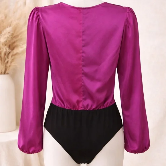Strut & Bolt Magenta Satin Wrap Bodysuit | Size L | Long Sleeve V-Neck - Picture 4 of 7